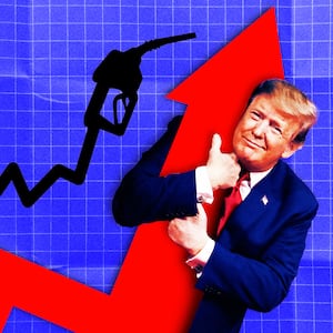 A photo illo illustration of Donald Trump hugging rising inflation arrow gas prices.