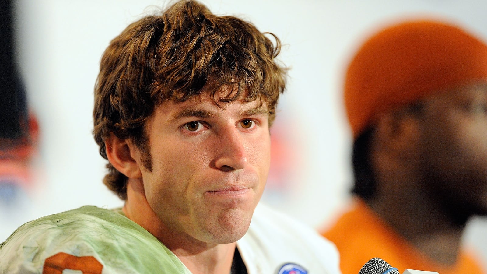 Wide receiver Jordan Shipley #8 of the Texas Longhorns speaks during a press conference at the Rose Bowl on January 7, 2010 in Pasadena, California.