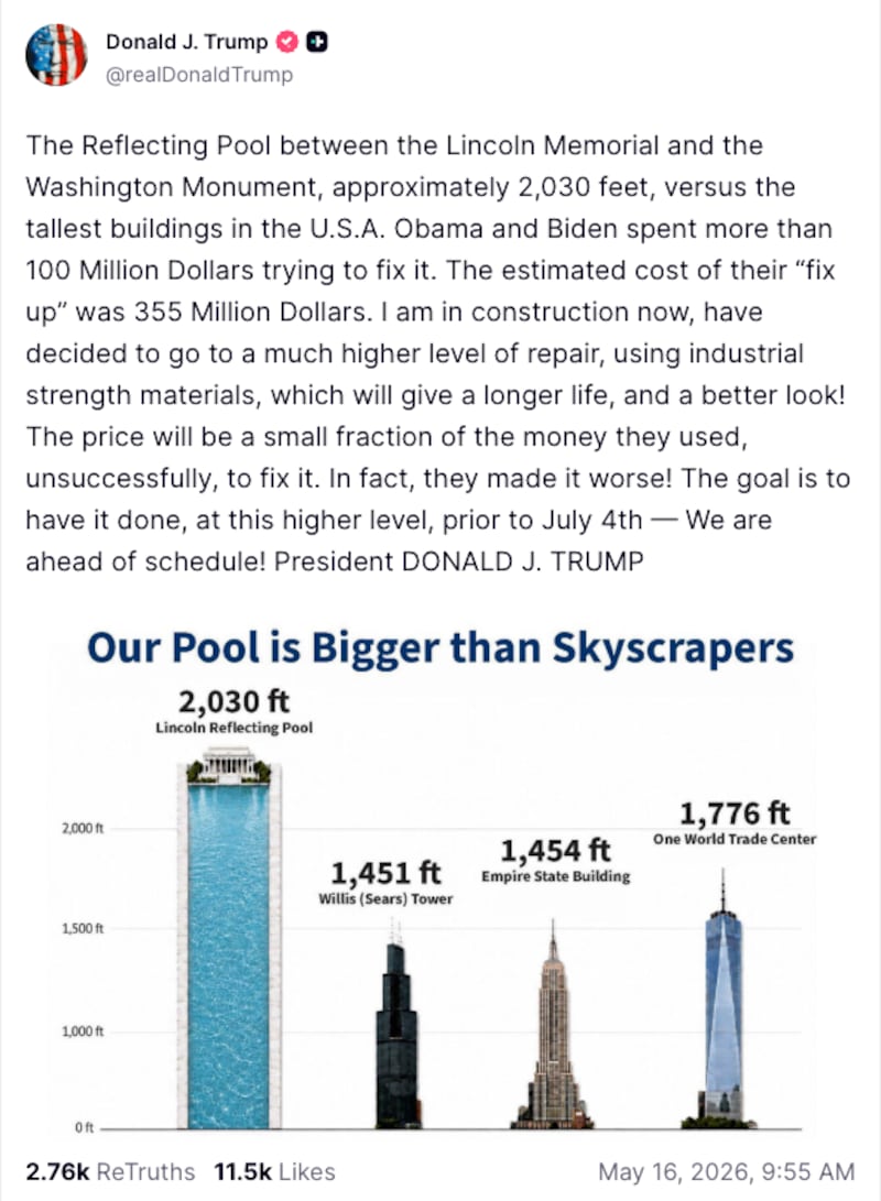Donald's Trump's Truth Social post about his very, very big Reflecting Pool in the National Mall.