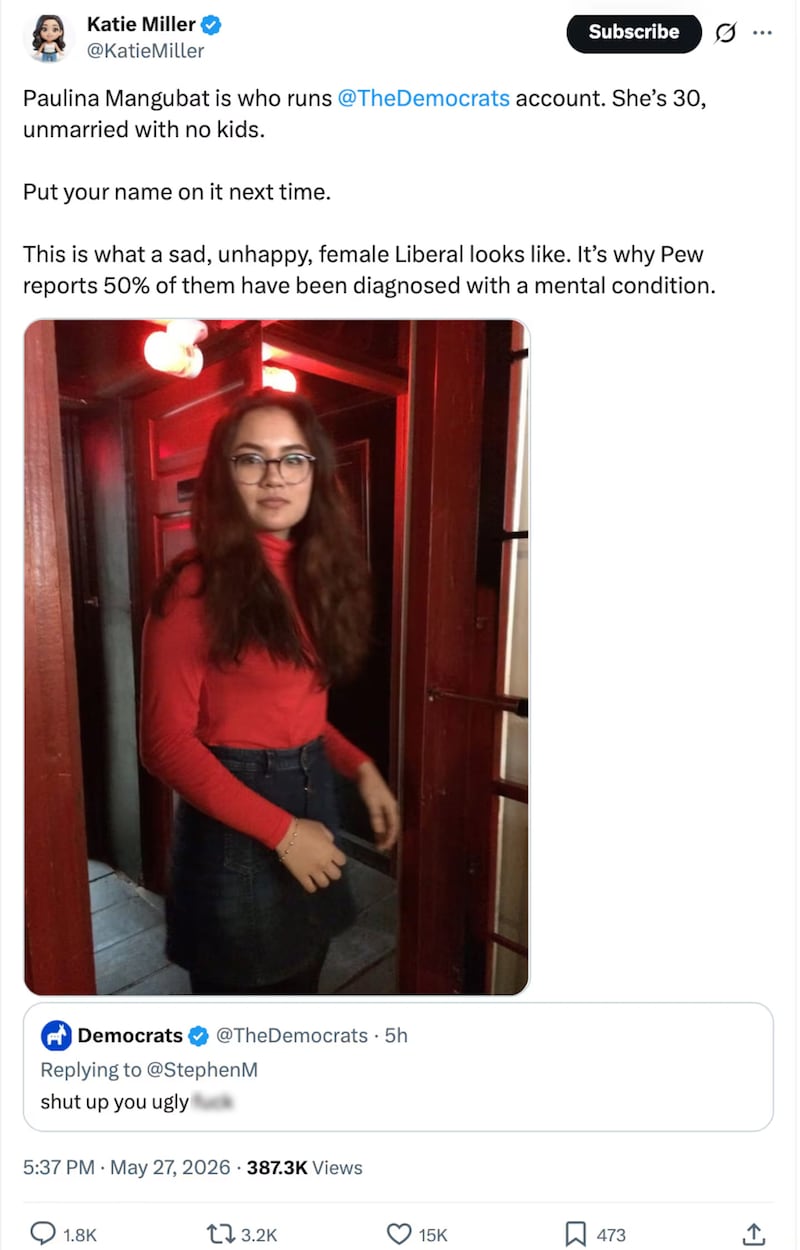 Katie Miller claps back at The Democrats X account after they insult Stephen Miller.