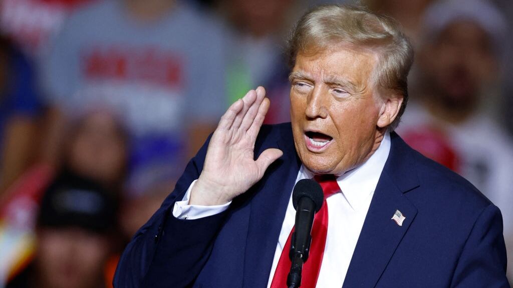 Donald Trump gestures as he speaks at a campaign rally at the Fiserv Forum in Milwaukee, Wisconsin.