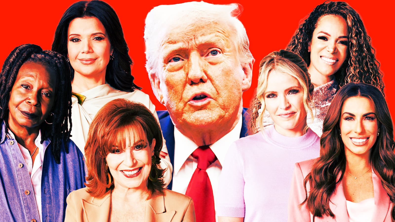 A photo illustration of Donald Trump, Whoopi, Joy Behar, Sunny Hostin, Ana Navarro, Alyssa Farah Griffin, and Sara Haines.