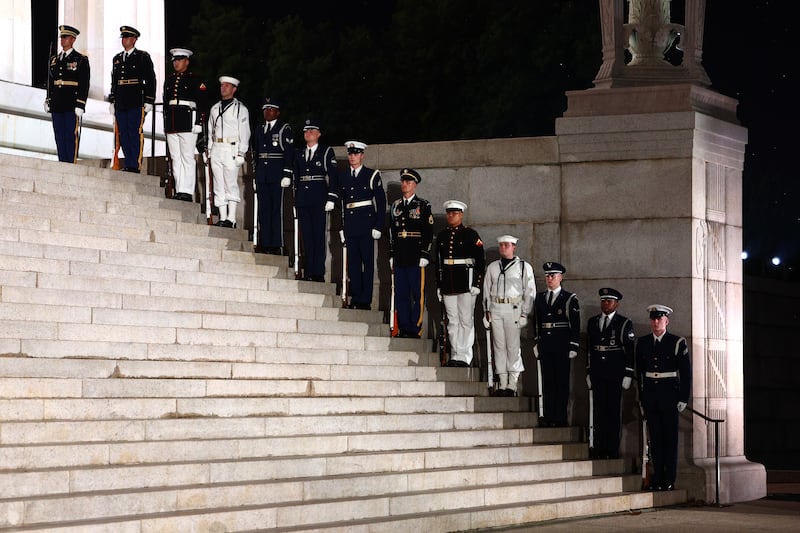 The U.S. military honor guard on the steps during the UFC Freedom 250 Press Conference at the Lincoln Memorial on June 12.