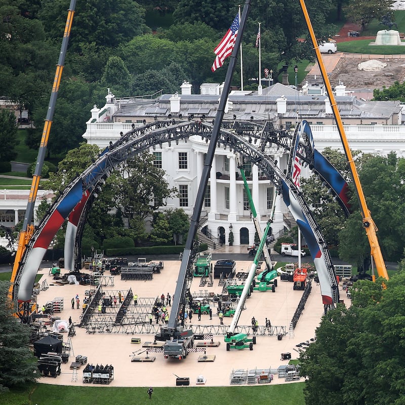 Construction continues for the upcoming UFC match alongside the ballroom addition on the South Lawn of the White House on May 26, 2026 in Washington, DC.