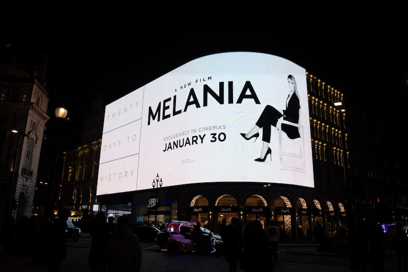 Advertising displays on Piccadilly Lights for "Melania", in London.