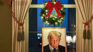 A lego portrait of U.S. President Donald Trump is seen in the Green Room during an advance tour of the 2025 White House Christmas decorations on December 01, 2025 in Washington, DC. The theme for this year's White House Christmas decorations is "Home Is Where The Heart Is."
