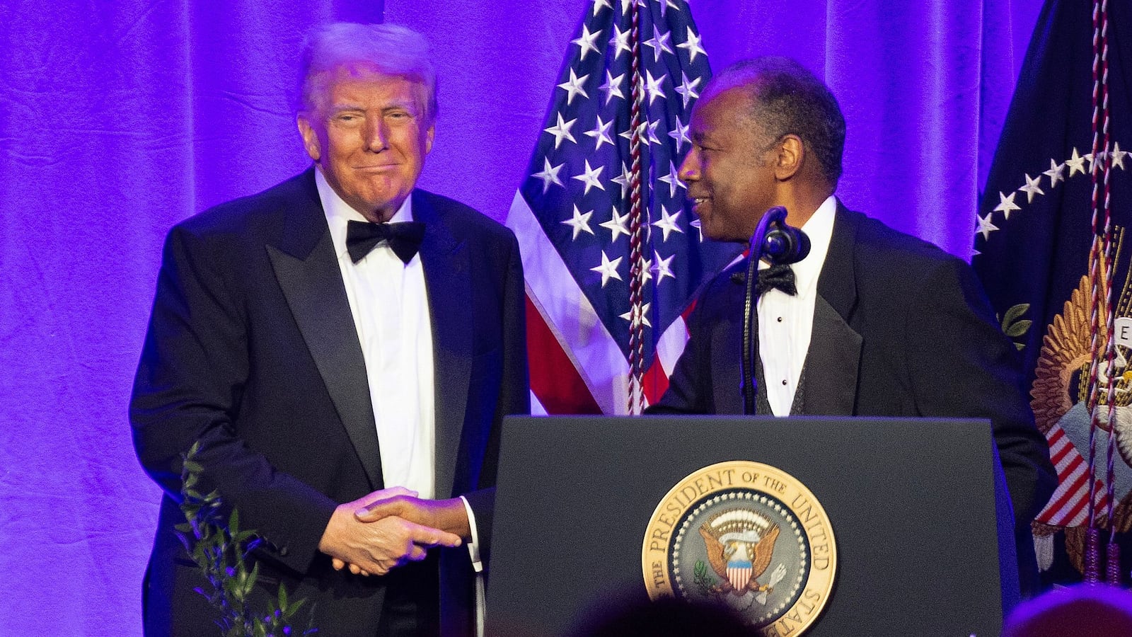 MOUNT VERNON, VIRGINIA - SEPTEMBER 20: U.S. President Donald Trump and former United States Secretary of Housing and Urban Development Ben Carson attend the American Cornerstone Institute Founders' Dinner on September 20, 2025 in Mount Vernon, Virginia. (Photo by Tasos Katopodis/Getty Images)