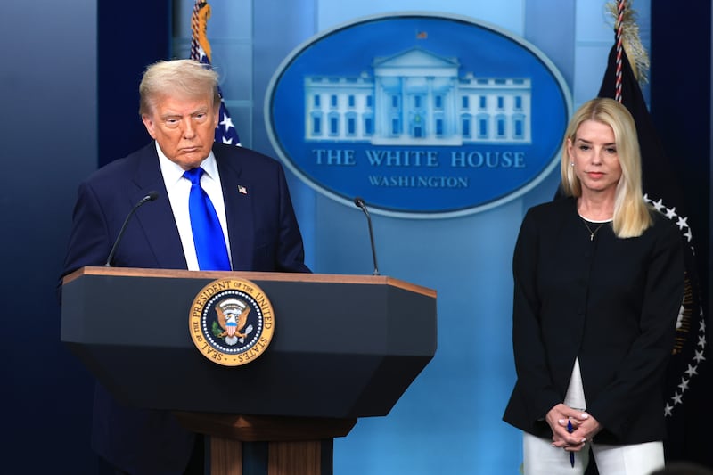President Donald Trump and Attorney General Pam Bondi in the briefing room at the White House on June 27, 2025 in Washington, DC.