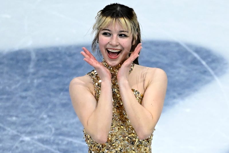 USA's Alysa Liu reacts after competing in the figure skating women's single free skating final during the Milano Cortina 2026 Winter Olympic Games at Milano Ice Skating Arena in Milan on February 19, 2026.