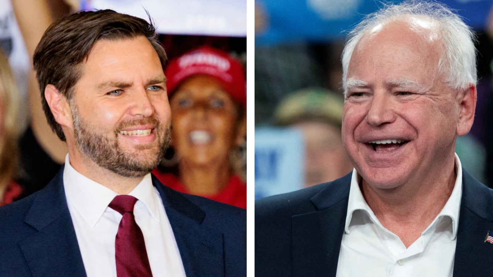 Side-by-side photos of J.D. Vance and Tim Walz smiling on stage.