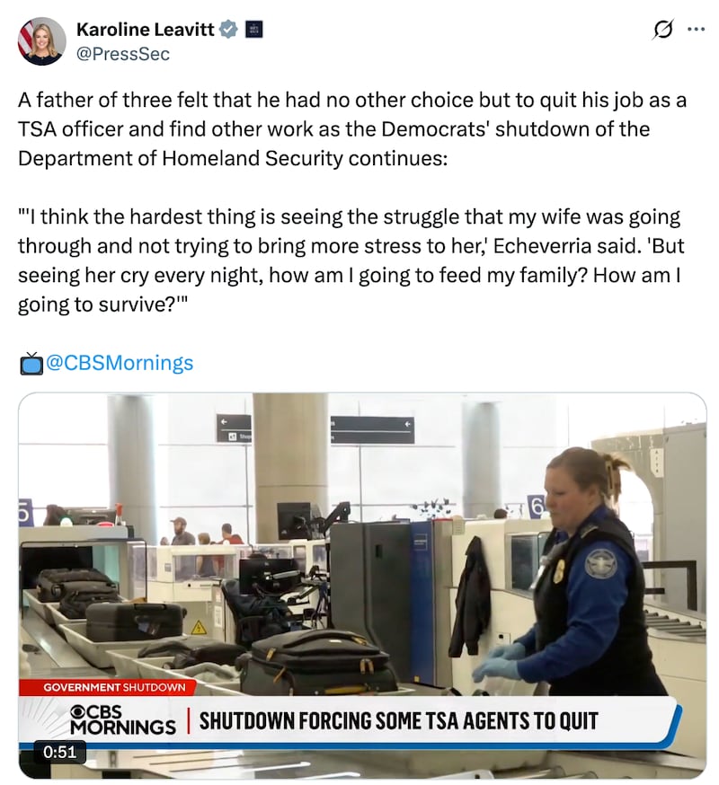 White House Press Secretary Karoline Leavitt led the way in spinning Thursday’s vote as Democrats being the only ones at fault for federal workers like TSA agents having to work without pay.