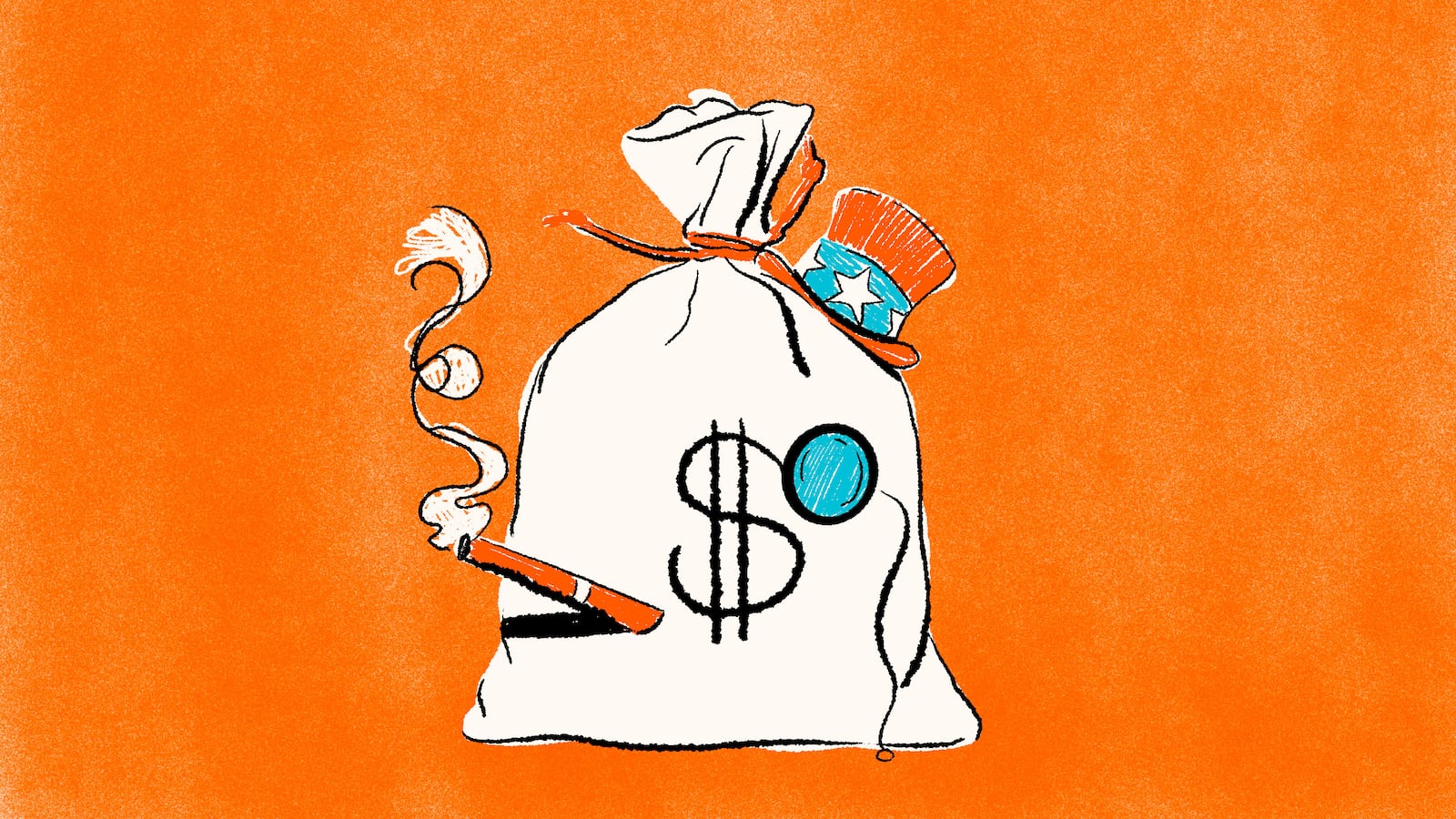 Illustration of a money bag with an Uncle Sam top hat, monocle, and a smoking cigar