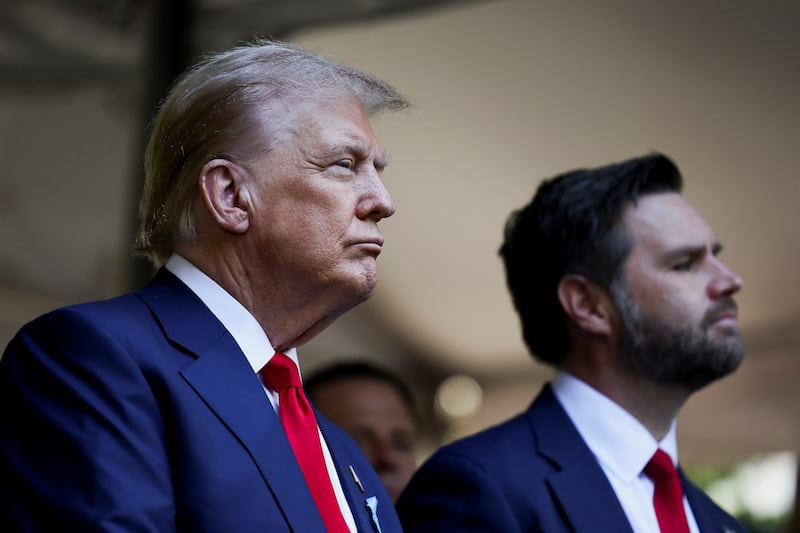 Republican presidential nominee and former U.S. President Donald Trump and Republican U.S. vice presidential nominee Senator JD Vance attend a ceremony marking the 23rd anniversary of the September 11, 2001 attacks on the World Trade Center at the 9/11 Memorial and Museum in the Manhattan borough of New York City, U.S., September 11, 2024.