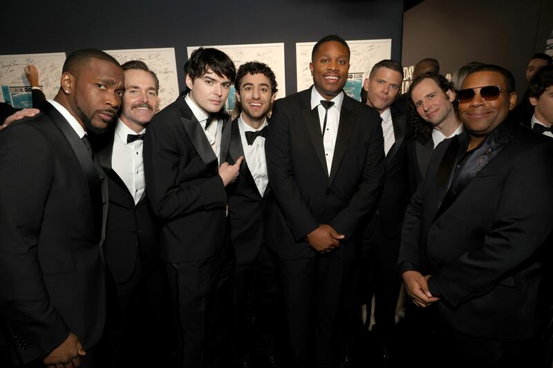SNL50: THE RED CARPET -- Pictured: (l-r) Jay Pharoah, Will Forte, Michael Longfellow, Emil Wakim, Devon Walker, Mikey Day, Kyle Mooney and Kenan Thompson on Sunday, February 16, 2025 --   (Photo by NBC/Kevin Mazur/NBC via Getty Images)