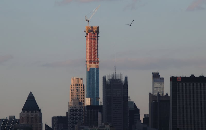 JERSEY CITY, NJ - MARCH 19: Central Park Tower rises above 220 Central Park South and the New York Times Building at sunset in New York City on March 19, 2019 as seen from Jersey City, New Jersey. (Photo by Gary Hershorn/Getty Images)