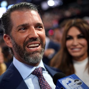 MILWAUKEE, WISCONSIN - JULY 15:  Donald Trump Jr., son of former U.S. President Donald Trump speaks to the media on the first day of the Republican National Convention at the Fiserv Forum on July 15, 2024 in Milwaukee, Wisconsin. Delegates, politicians, and the Republican faithful are in Milwaukee for the annual convention, concluding with former President Donald Trump accepting his party's presidential nomination. The RNC takes place from July 15-18. (Photo by Andrew Harnik/Getty Images)
