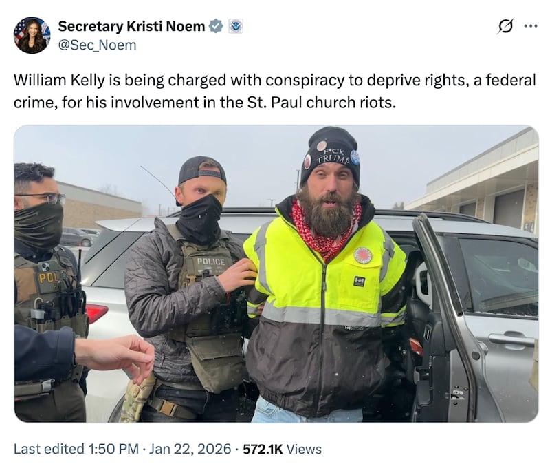 An X post from DHS Secretary Kristi Noem sharing the photograph of one of the arrested protesters, William Kelly. Kelly is wearing a beanie that says 'F--- Trump.'