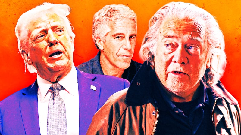 A photo illustration of Donald Trump, Jeffrey Epstein, and Steve Bannon.