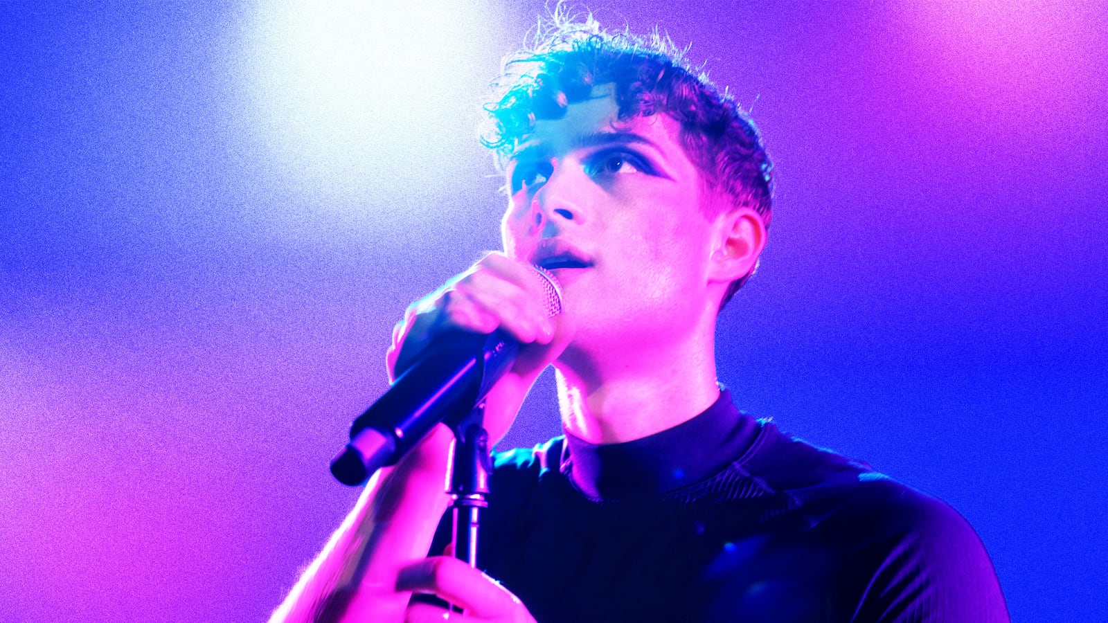 Photo illustration of Leo Reich on a purple and blue background