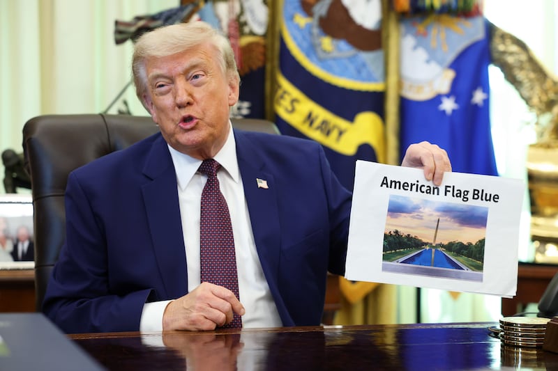 President Donald Trump displays a rendering of his proposed renovations to the Lincoln Memorial Reflecting Pool during an event in the Oval Office of the White House on June 03, 2026 in Washington, DC.