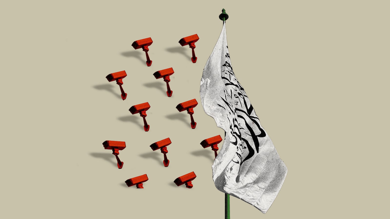 Photo illustration of the flag of the Taliban with surveillance cameras.