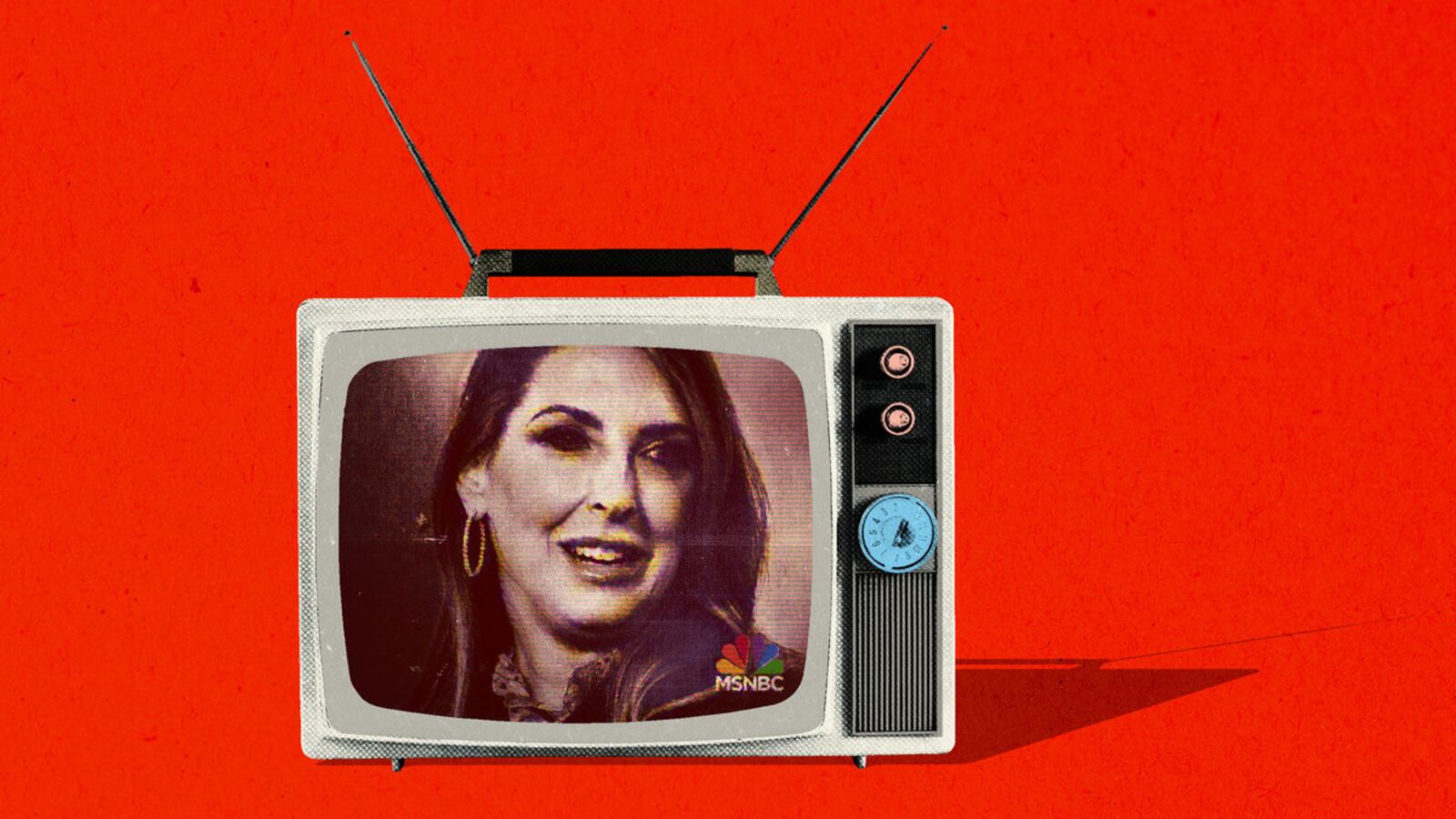 Photo illustration of Ronna McDaniel in an old tv on a red background.