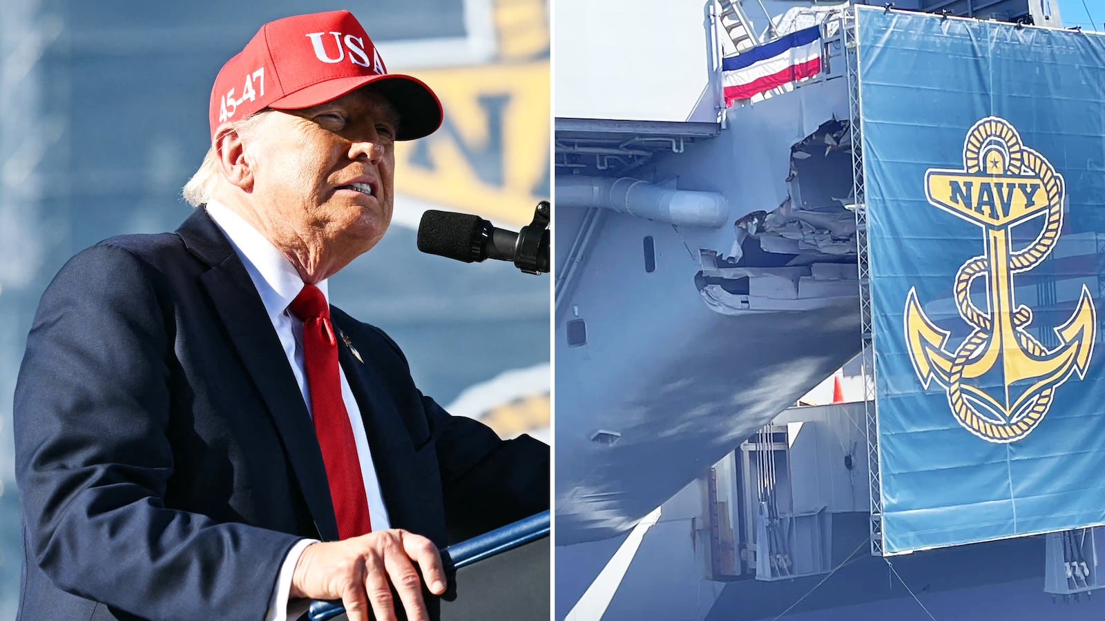 President Donald Trump speaks in front of the aircraft carrier USS Harry S. Truman on Oct. 5, 2025.