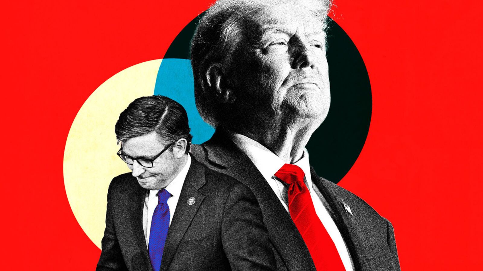 A photo illustration of Mike Johnson and Donald Trump looking away from each other