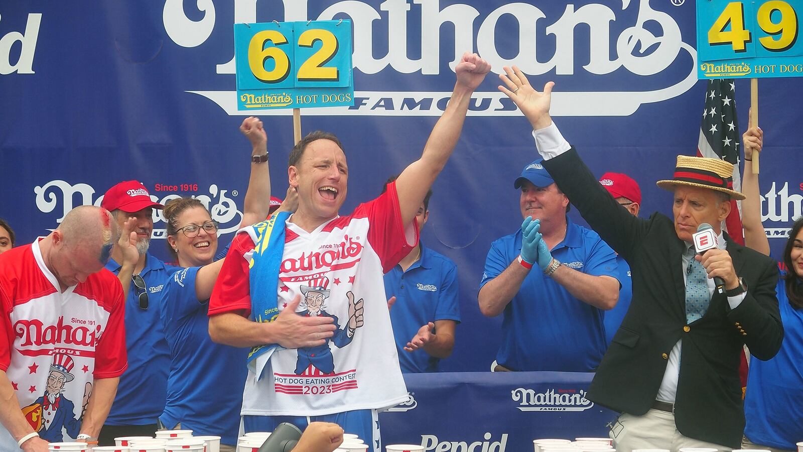 Defending champion Joey Chestnut finishes in first place in the 2023 Nathan's Famous International Hot Dog Eating Contest at Coney Island on July 4, 2023 in New York City.