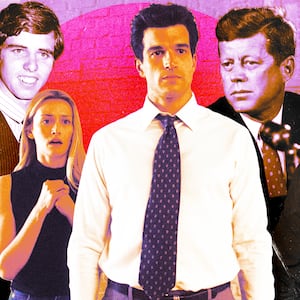 A photo illustration of Sarah Pidgeon as Carolyn Bessette, Paul Anthony Kennedy as JFK Jr, JFK, RFK, Michael Kennedy and Kathleen "Kick" Kennedy.