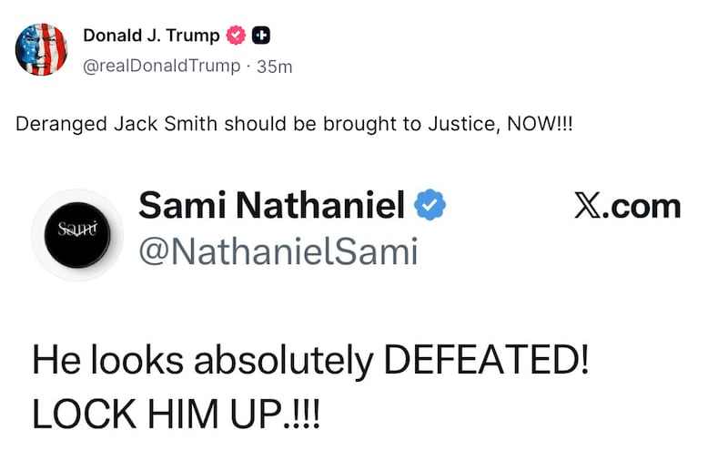 Donald Trump posts about his foe Jack Smith.