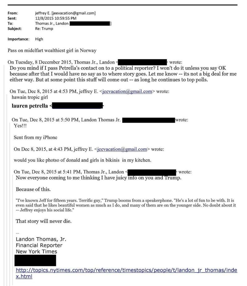 An email between Jeffrey Epstein and a reporter at The New York Times. The disgraced financier offered up a photo of President Donald Trump in his kitchen with photos of bikini-clad women.