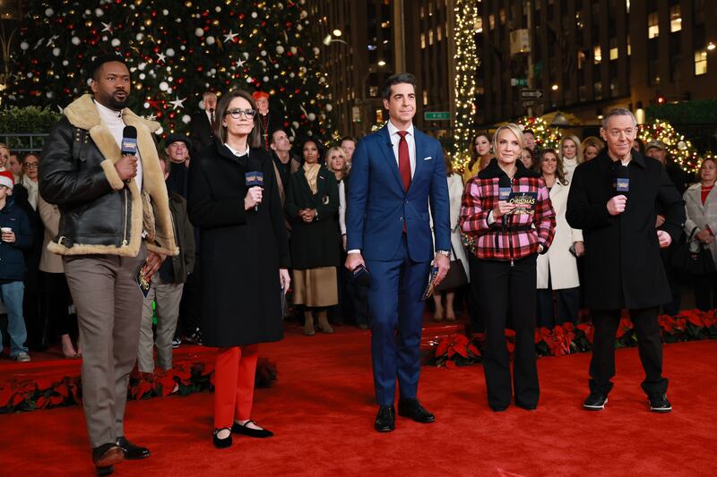 Lawrence B. Jones, Jessica Tarlov, Jesse Watters, Dana Perino, and Greg Gutfeld speak at the 6th Annual All-American Christmas Tree Lighting at Fox News Channel Studios on November 21, 2025 in New York City.