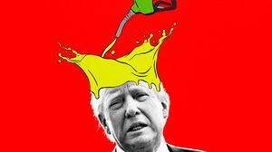 Donald Trump with gas splashing on his head