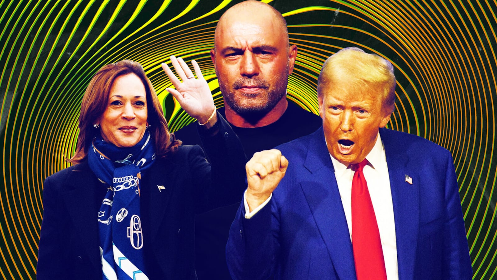 A photo illustration of Kamala Harris, Joe Rogan, and Donald Trump