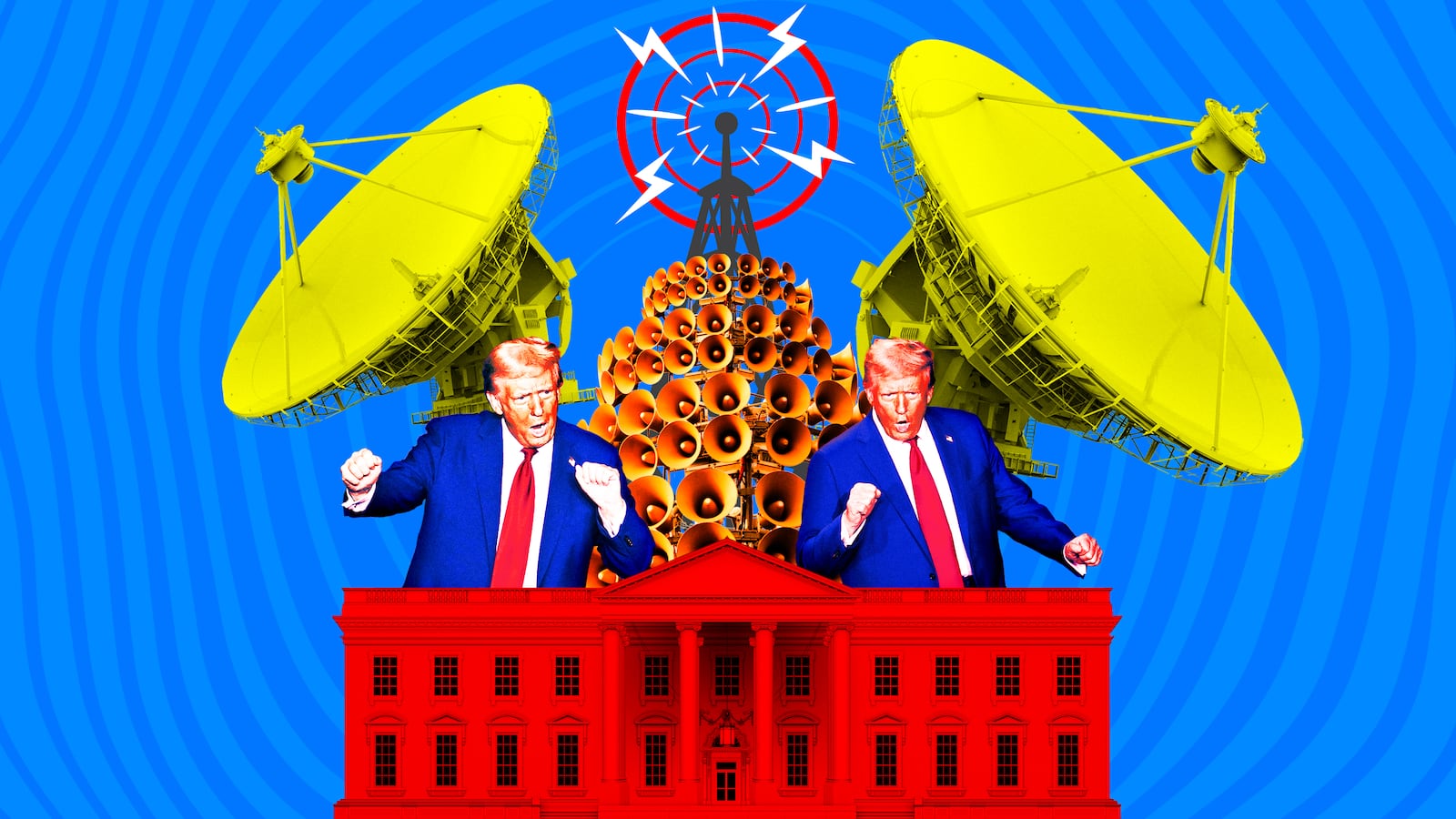 A photo illustration of Donald Trump, the White House, and sound signals and radio towers.