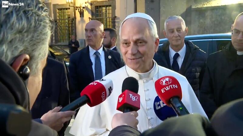 Pope Leo speaking to reporters on Tuesday May 5