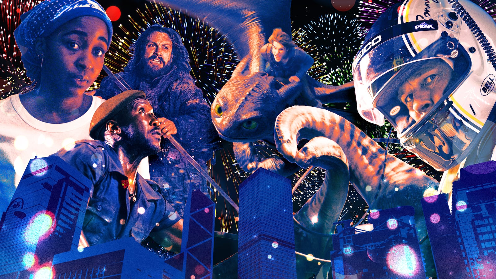 A photo illustration of actors from the Bear, 28 Years Later, Jurassic World Rebirth, How To Train Your Dragon, and the F1 movie.