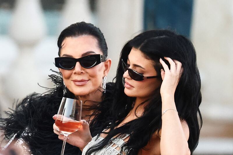 Kylie and Kris Jenner leave on a boat from Gritti Palace, on the third day of the wedding festivities of Amazon founder Jeff Bezos and journalist Lauren Sanchez Bezos.
