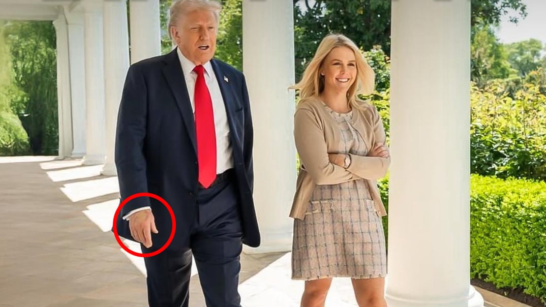 Donald Trump stands next to Karoline Leavitt below a "happy birthday" message.