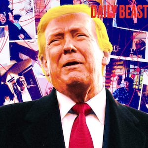 A photo illo illustration of Donald Trump and photos of Jeffrey Epstein and associates.