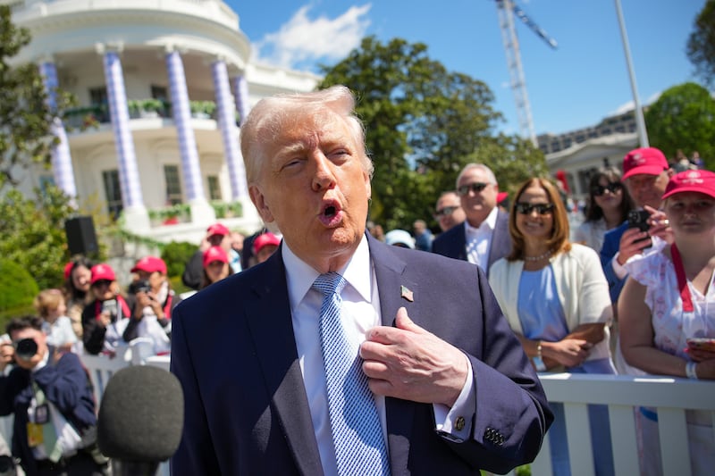 U.S. President Donald Trump speaks to the media as he attends the White House Easter Egg Roll on the South Lawn of the White House on April 06, 2026 in Washington, DC.