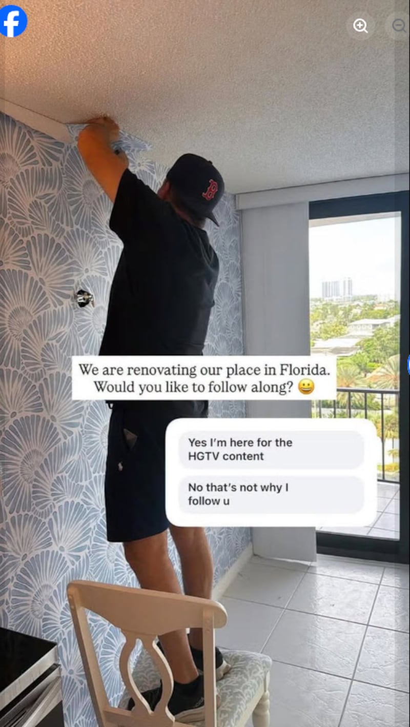 Screenshot from Karoline Leavitt's social media showing her husband standing on dining chair to add moulding .