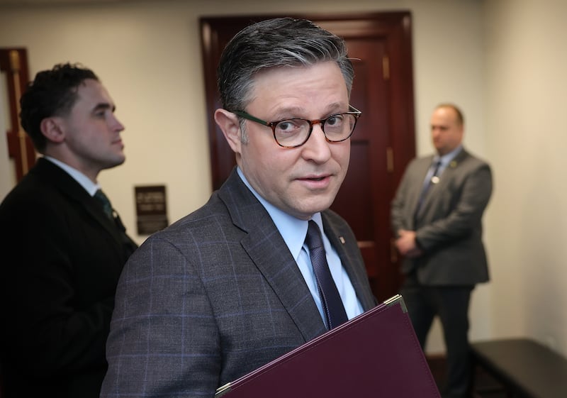 Speaker of the House Mike Johnson (R-LA) speaks to reporters as he arrives for a House Republican Conference meeting at the U.S. Capitol on February 10, 2026 in Washington, DC.
