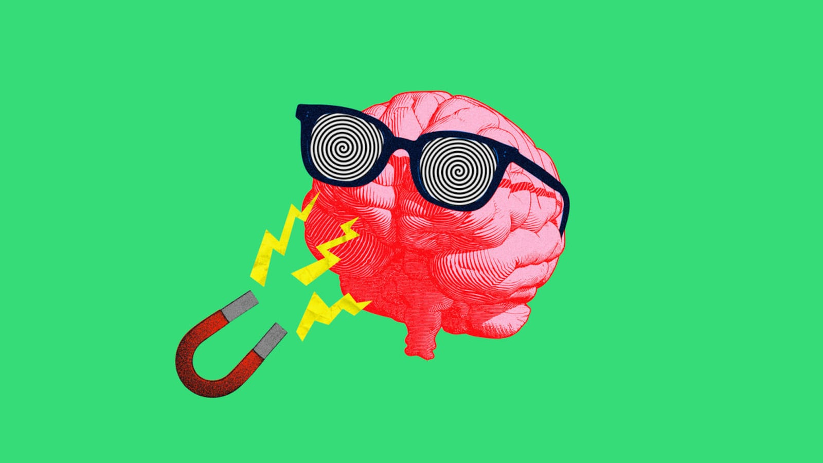 Photo illustration of a brain wearing hypnotizing glasses with a magnet.