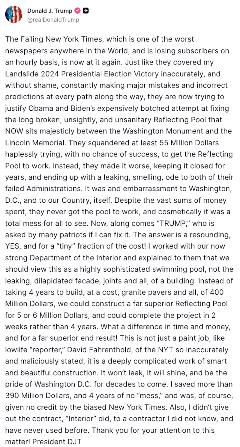 Trump Truth Social rant about the NYT