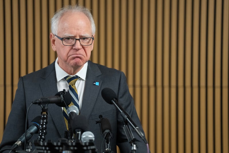 MINNEAPOLIS, MN. - JANUARY 2026: Minnesota Governor Tim Walz speaks during a press conference focused on Minnesota’s new paid family leave policy, Tuesday, January 6, 2026 at the Coliseum Building in Minneapolis, Minn. Walz took questions from the media at the event, a day after he announced that he is withdrawing from the 2026 Minnesota gubernatorial race. (Photo by Alex Kormann/The Minnesota Star Tribune via Getty Images)