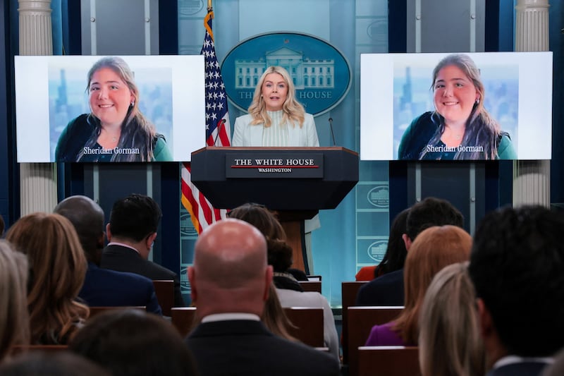 White House Press Secretary Karoline Leavitt holds a press briefing near photos of Sheridan Gorman, who was killed on March 19, at the White House in Washington, D.C., U.S., March 25, 2026.