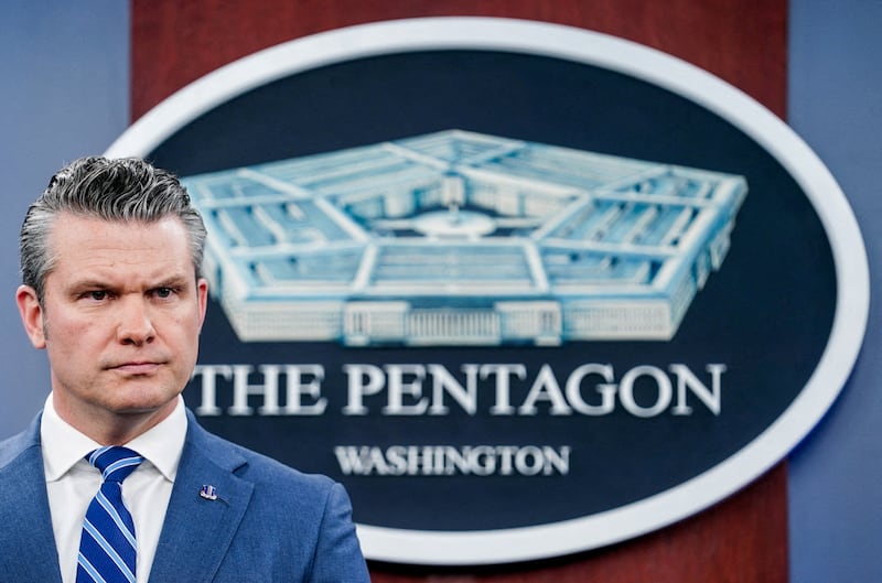 U.S. Secretary of Defense Pete Hegseth looks on during a briefing on the Iran war, at the Pentagon in Washington, D.C., U.S., April 16, 2026.