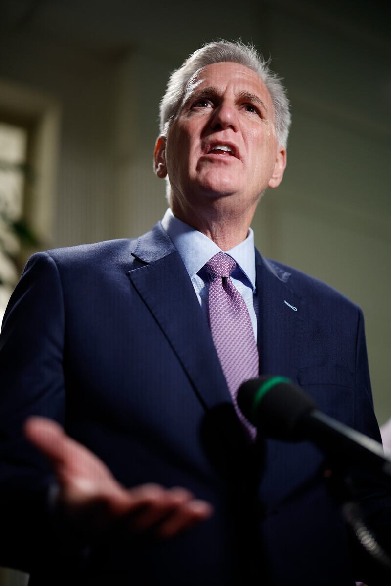 Kevin McCarthy speaks to reporters in the Capitol building.